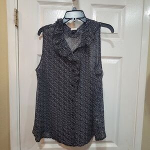 CAbi Womens Black and White Ruffled Sleeveless Blouse, Size XL